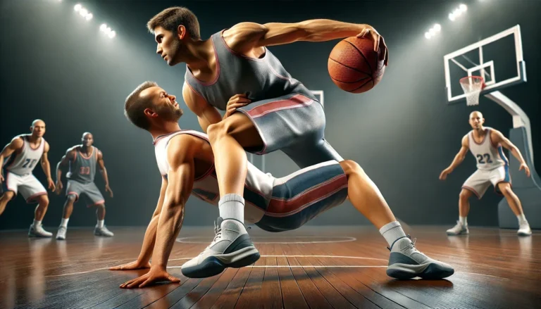 The illustration depicts the moment when a defensive player takes a stable stance, bracing to absorb contact from an approaching offensive player. The offensive player is just about to collide with the defender, resulting in an offensive foul being called. The scene unfolds on a detailed basketball court.