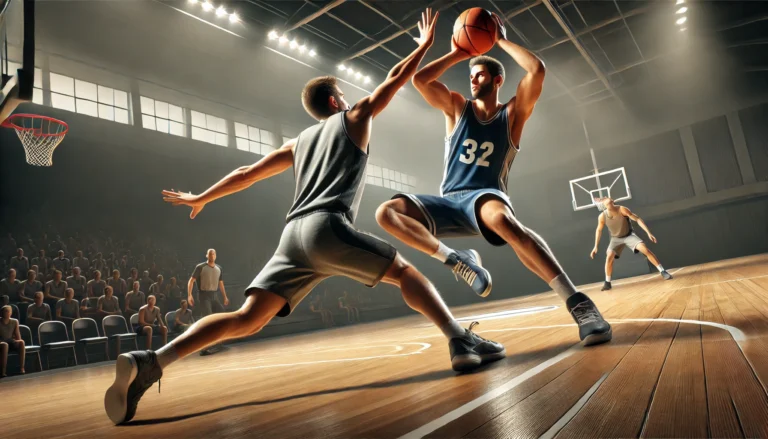 The illustration depicts the moment when a defensive player takes a stable stance, bracing to absorb contact from an approaching offensive player. The offensive player is just about to collide with the defender, resulting in an offensive foul being called. The scene unfolds on a detailed basketball court.